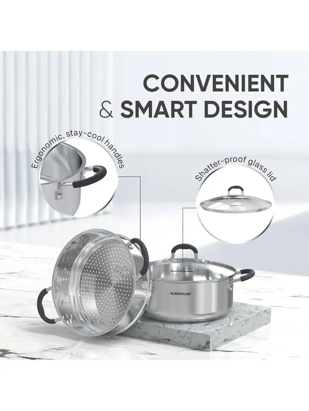 SUNHOUSE 4.6-Quart Stainless Steel Steamer Pot with Two-Tier Basket and Glass Ld
